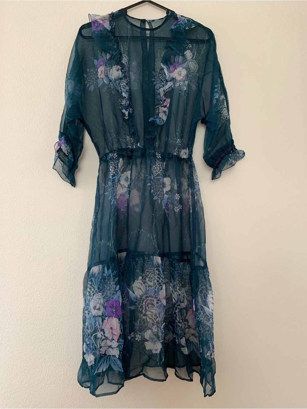 Sheer, Silk, Teal Dress with Ruffles & Flowers